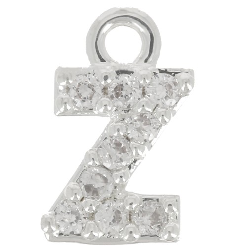 7mm alphabet letter Charm with zirconium oxide - Z - Fine Silver Plating - Crystal x1