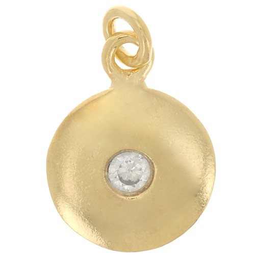 10mm 925 Sterling Silver round charm with zirconium oxide - Crystal - Fine Gold Plated x1