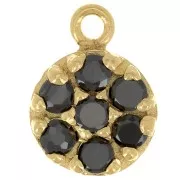 9mm 925 Sterling Silver round charm with zirconium oxide - Black - Fine Gold Plated x1
