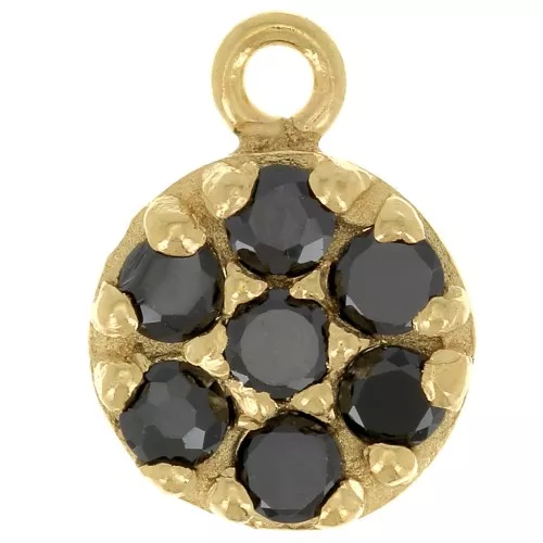 9mm 925 Sterling Silver round charm with zirconium oxide - Black - Fine Gold Plated x1
