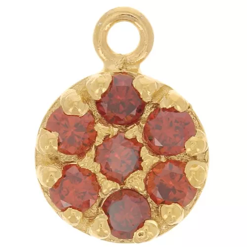 9mm 925 Sterling Silver round charm with zirconium oxide - Red - Fine Gold Plated x1