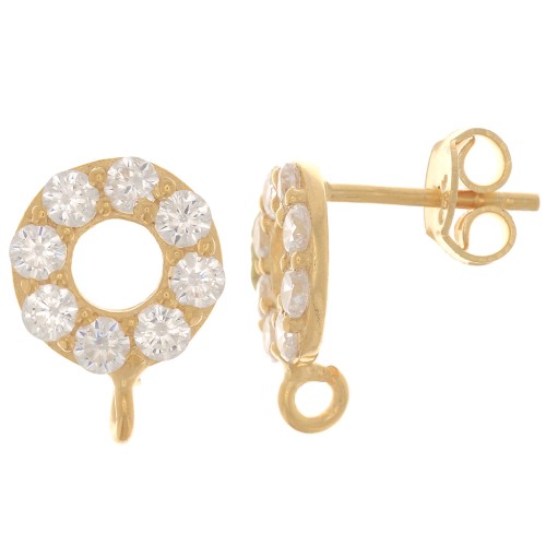 9mm 925 St. Silver circle earStuds with zirconium oxide - Crystal - Fine Gold Plated x2