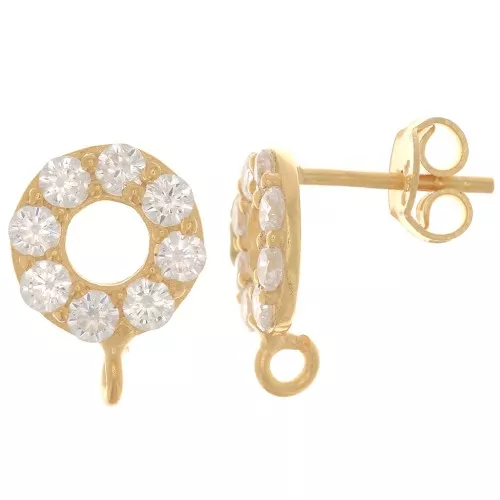 9mm 925 St. Silver circle earStuds with zirconium oxide - Crystal - Fine Gold Plated x2