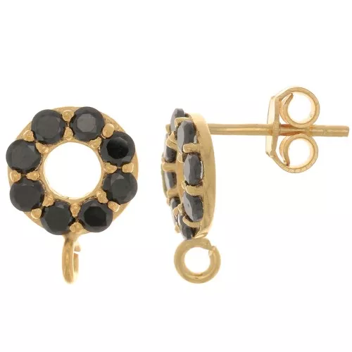 9mm 925 Sterling Silver circle earStuds with zirconium oxide - Black - Fine Gold Plated x2