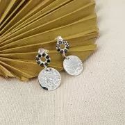 9mm 925 Sterling Silver circle earStuds with zirconium oxide - Black - Fine Gold Plated x2