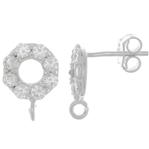 9mm 925 Sterling Silver circle earStuds with zirconium oxide - Crystal x2