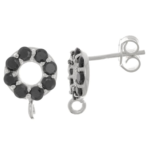 9mm 925 Sterling Silver circle earStuds with zirconium oxide - Black x2