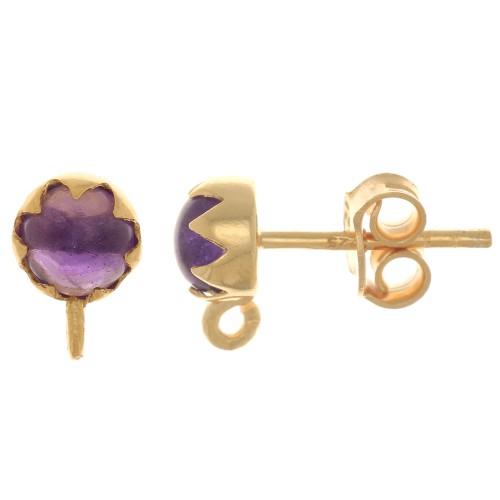 925 Sterling Silver 6mm EarStuds with gemstone - Amethyst - Fine Gold Plated x2