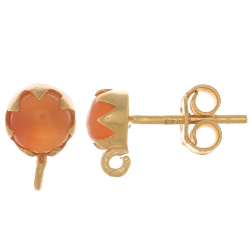 925 Sterling Silver 6mm EarStuds with gemstone - Carnelian - Fine Gold Plated x2