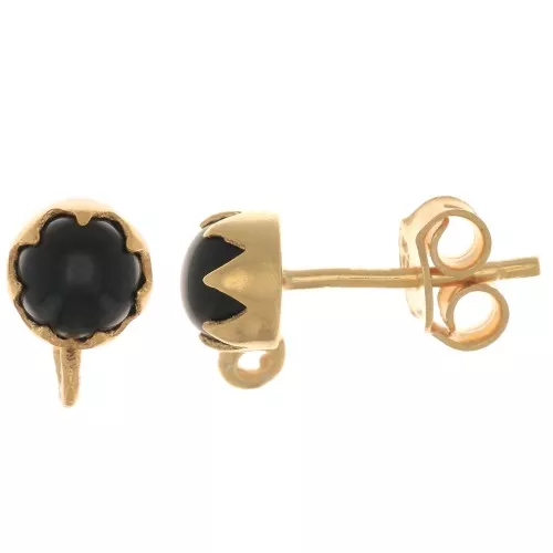 925 Sterling Silver 6mm EarStuds with gemstone - Black Onyx - Fine Gold Plated x2