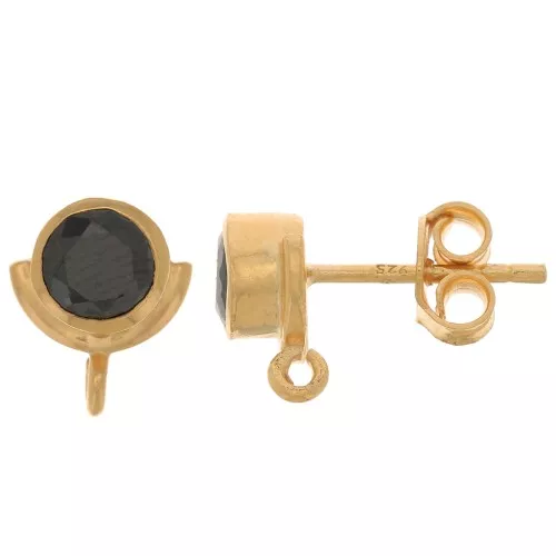 10x8mm 925 Sterling Silver EarStuds with zirconium oxide - Black - Fine Gold Plated x2