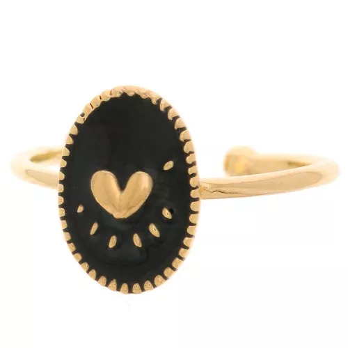 Adjustable oval ring with epoxy resin - heart - Fine Gold Plated - Black x1
