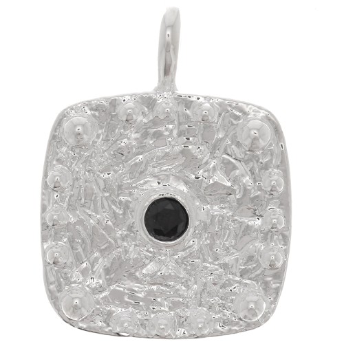 21x16mm Square hammered pendant with zirconium oxide - Fine silver plating - Black x1