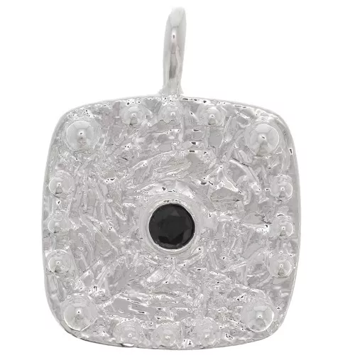 21x16mm Square hammered pendant with zirconium oxide - Fine silver plating - Black x1