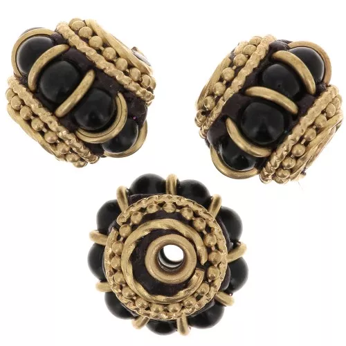 11x13mm Indonesian Ethnic Roundel Bead - Black - Gold x1