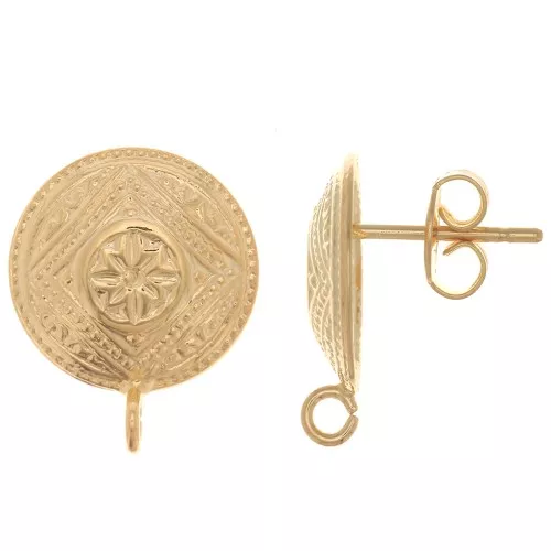 14mm Ethnic round earstud - open ring - Fine Gold plated x2