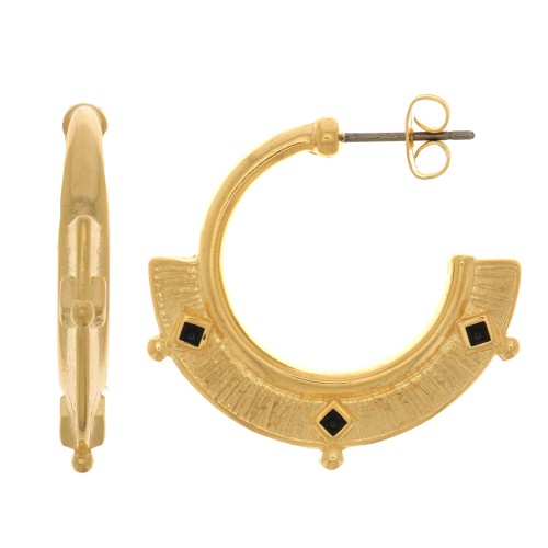 29mm Textured ethnic hoop earrings with epoxy resin - Fine Gold plated - Black x2