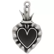 27x15mm Ex-voto heart pendant with epoxy resin - Antique silver - Black x1