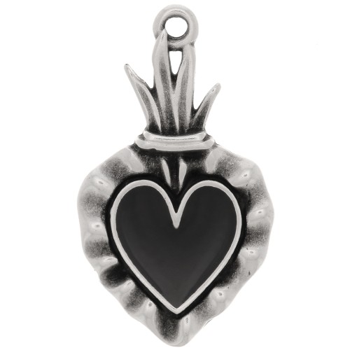 27x15mm Ex-voto heart pendant with epoxy resin - Antique silver - Black x1