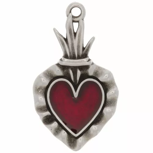 27x15mm Ex-voto heart pendant with epoxy resin - Antique silver - Red x1