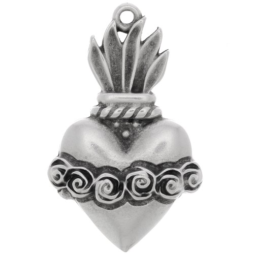 31x19mm Ex-voto heart pendant with flowers - Fine Antique silver plating x1