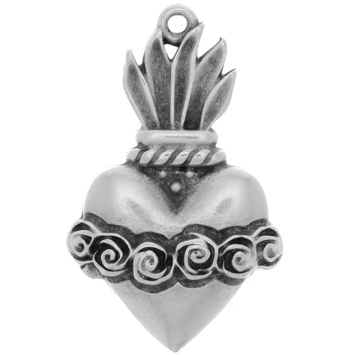 31x19mm Ex-voto heart pendant with flowers - Fine Antique silver plating x1