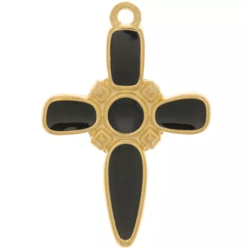 28x19mm Cross pendant with epoxy resin - Fine Gold plated - Black x1