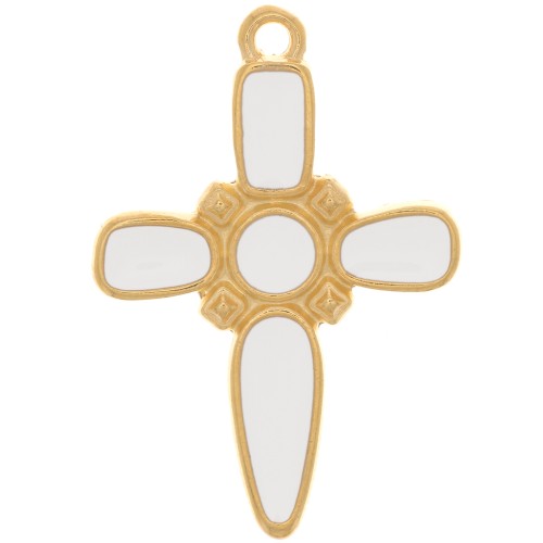 28x19mm Cross pendant with epoxy resin - Fine Gold plated - White x1