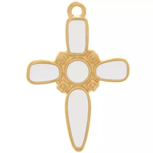 28x19mm Cross pendant with epoxy resin - Fine Gold plated - White x1