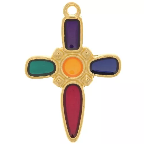 28x19mm Cross pendant with epoxy resin - Fine Gold plated - Multicolored x1
