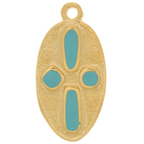 23x12mm Oval cross pendant - epoxy resin - Fine Gold plated - Turquoise x1