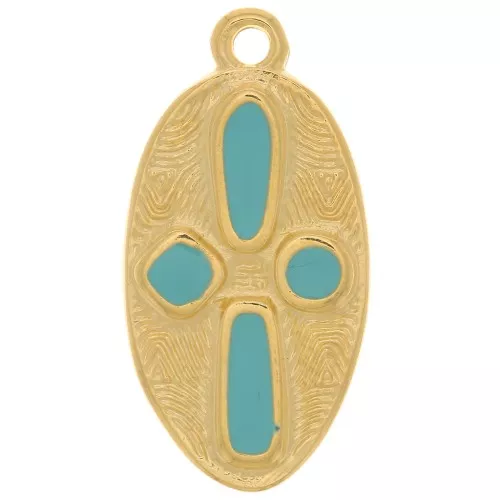 23x12mm Oval cross pendant - epoxy resin - Fine Gold plated - Turquoise x1