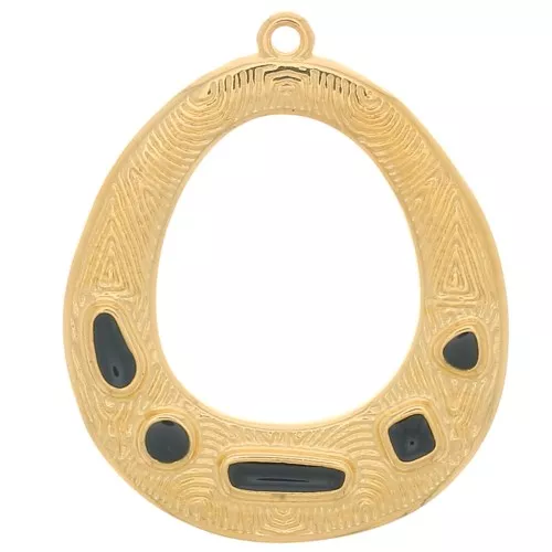 34x28mm Oval ethnic pendant - epoxy resin - Fine Gold plated - Black x1