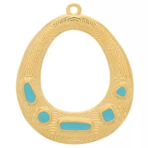 34x28mm Oval ethnic pendant - epoxy resin - Fine Gold plated - Turquoise x1