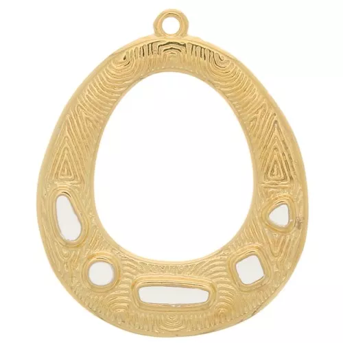 34x28mm Oval ethnic pendant - epoxy resin - Fine Gold plated - Ivory x1