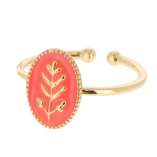Adjustable oval ring & epoxy resin - leaf - Fine Gold Plated - Orange x1