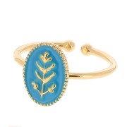Adjustable oval ring & epoxy resin - leaf - Fine Gold Plated - Blue x1