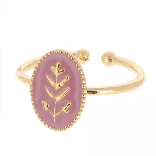 Adjustable oval ring & epoxy resin - leaf - Fine Gold Plated - Antique Pink x1