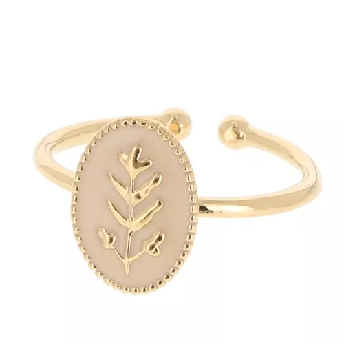 Adjustable oval ring & epoxy resin - leaf - Fine Gold Plated - Nude x1