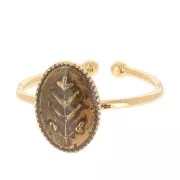 Adjustable oval ring & epoxy resin - leaf - Fine Gold Plated - Brown glitter x1