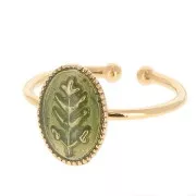 Adjustable oval ring & epoxy resin - leaf - Fine Gold Plated - green glitter x1