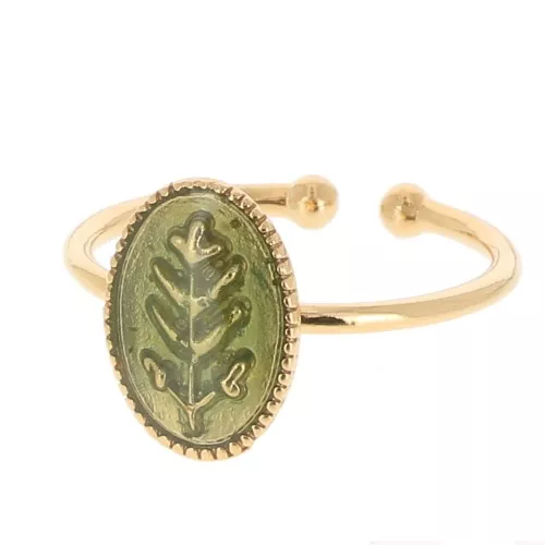 Adjustable oval ring & epoxy resin - leaf - Fine Gold Plated - green glitter x1