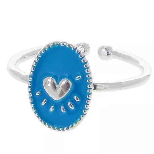 Adjustable oval ring & epoxy resin heart - Fine silver plating - Blue x1
