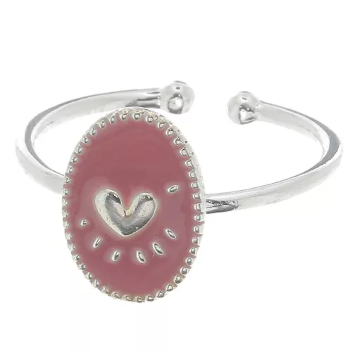 Adjustable oval ring & epoxy resin heart - Fine silver plating - Antique Pink x1