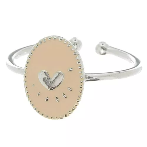 Adjustable oval ring & epoxy resin heart - Fine silver plating - Nude x1
