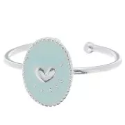 Adjustable oval ring & epoxy resin heart - Fine silver plating - Sky blue x1