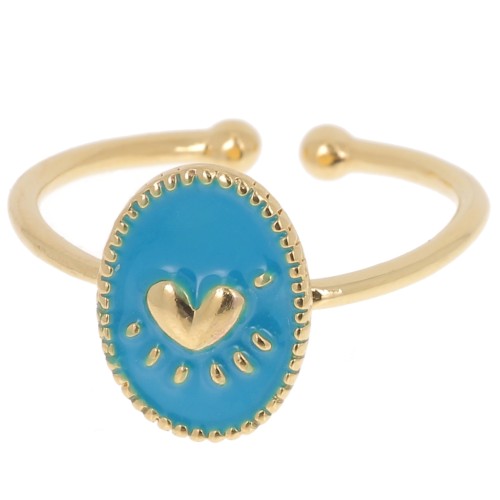Adjustable oval ring & epoxy resin heart - Fine Gold plated - Blue x1