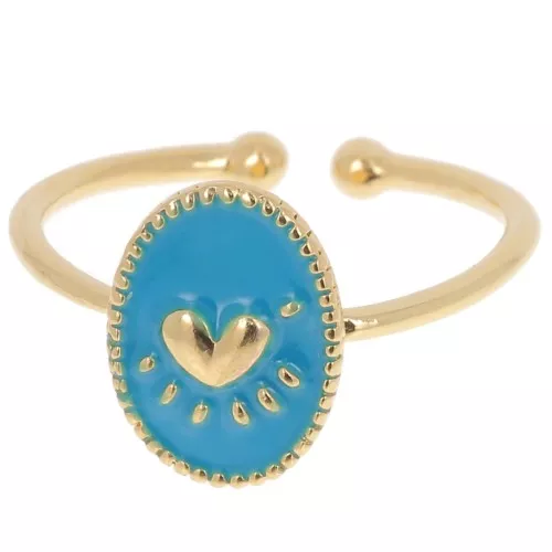 Adjustable oval ring & epoxy resin heart - Fine Gold plated - Blue x1