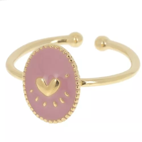 Adjustable oval ring & epoxy resin heart - Fine Gold plated - Antique Pink x1