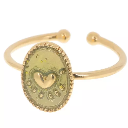Adjustable oval ring & epoxy resin heart - Fine Gold plated - Green glitter x1
